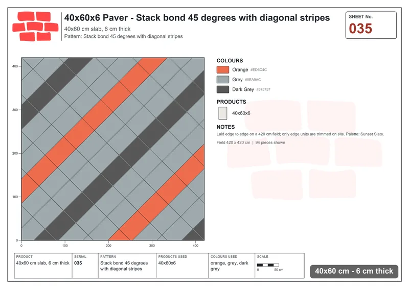 Interlock (Pasco) 40x60 cm · RC46-35 · Stack bond 45 degrees with diagonal stripes · Laying plan Interlock (Pasco) 40x60 cm · RC46-35 · Stack bond 45 degrees with diagonal stripes · Laying plan