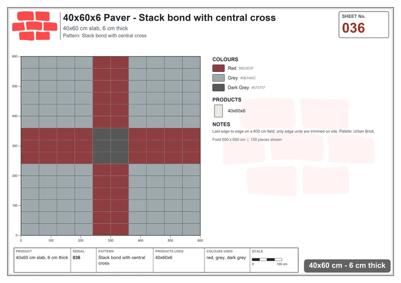 Interlock (Pasco) 40x60 cm · RC46-36 · Stack bond with central cross · Laying plan Interlock (Pasco) 40x60 cm · RC46-36 · Stack bond with central cross · Laying plan