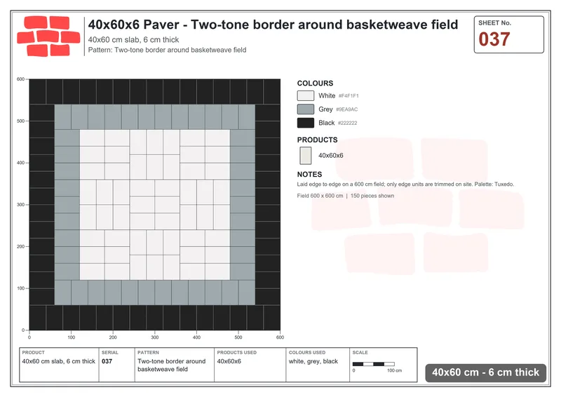 Interlock (Pasco) 40x60 cm · RC46-37 · Two-tone border around basketweave field · Laying plan Interlock (Pasco) 40x60 cm · RC46-37 · Two-tone border around basketweave field · Laying plan