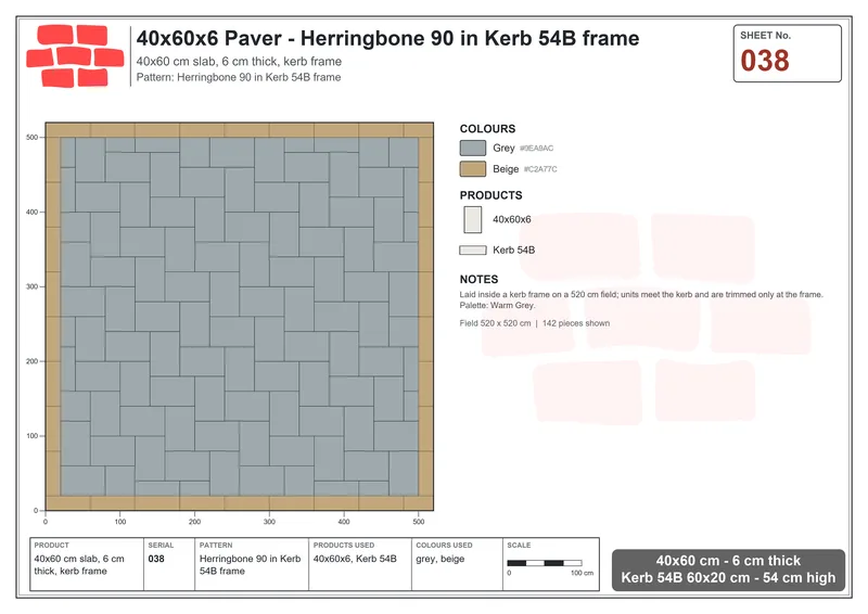 Interlock (Pasco) 40x60 cm · RC46-38 · Herringbone 90 in Kerb 54B frame · Laying plan Interlock (Pasco) 40x60 cm · RC46-38 · Herringbone 90 in Kerb 54B frame · Laying plan