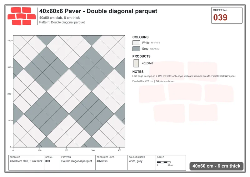 Interlock (Pasco) 40x60 cm · RC46-39 · Double diagonal parquet · Laying plan Interlock (Pasco) 40x60 cm · RC46-39 · Double diagonal parquet · Laying plan
