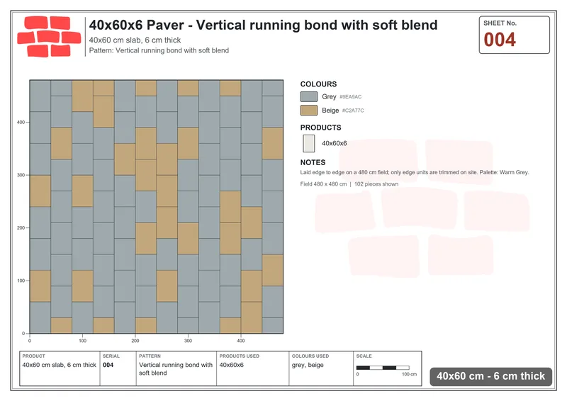 Interlock (Pasco) 40x60 cm · RC46-4 · Vertical running bond with soft blend · Laying plan Interlock (Pasco) 40x60 cm · RC46-4 · Vertical running bond with soft blend · Laying plan