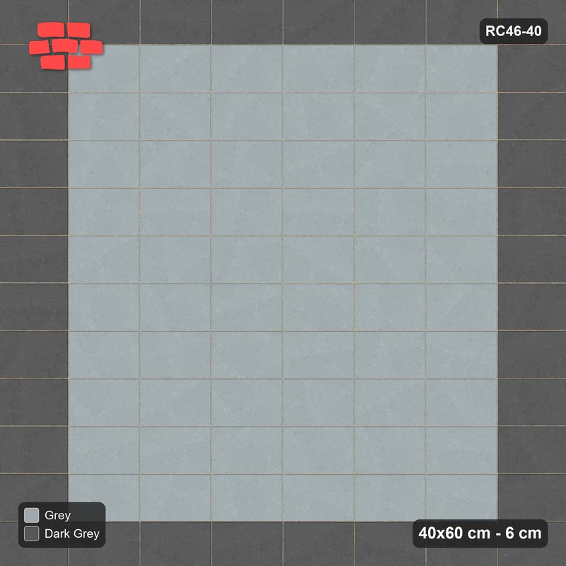 Interlock (Pasco) 40x60 cm · RC46-40 · Stack bond with dark edge course · Top view Interlock (Pasco) 40x60 cm · RC46-40 · Stack bond with dark edge course · Top view
