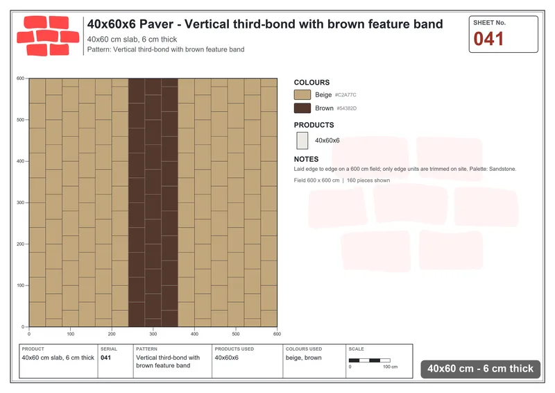 Interlock (Pasco) 40x60 cm · RC46-41 · Vertical third-bond with brown feature band · Laying plan Interlock (Pasco) 40x60 cm · RC46-41 · Vertical third-bond with brown feature band · Laying plan