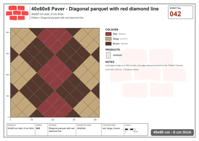 Interlock (Pasco) 40x60 cm · RC46-42 · Diagonal parquet with red diamond line · Laying plan Interlock (Pasco) 40x60 cm · RC46-42 · Diagonal parquet with red diamond line · Laying plan