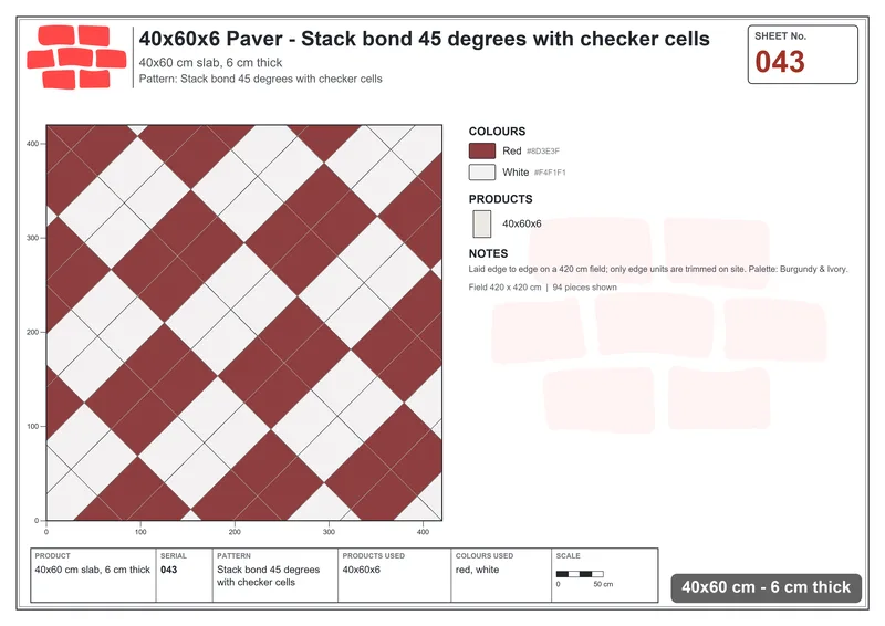 Interlock (Pasco) 40x60 cm · RC46-43 · Stack bond 45 degrees with checker cells · Laying plan Interlock (Pasco) 40x60 cm · RC46-43 · Stack bond 45 degrees with checker cells · Laying plan