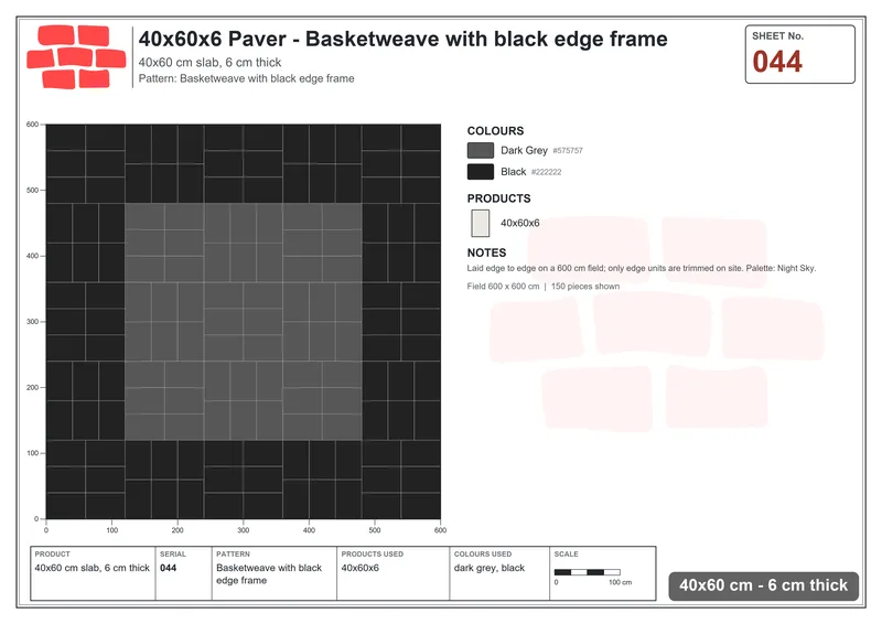 Interlock (Pasco) 40x60 cm · RC46-44 · Basketweave with black edge frame · Laying plan Interlock (Pasco) 40x60 cm · RC46-44 · Basketweave with black edge frame · Laying plan