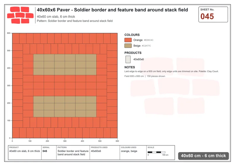 Interlock (Pasco) 40x60 cm · RC46-45 · Soldier border and feature band around stack field · Laying plan Interlock (Pasco) 40x60 cm · RC46-45 · Soldier border and feature band around stack field · Laying plan