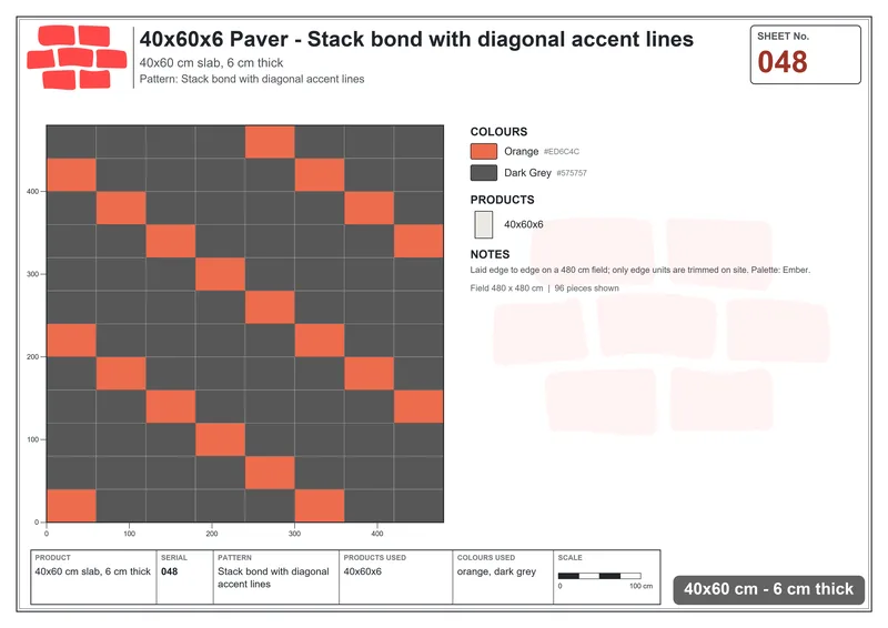 Interlock (Pasco) 40x60 cm · RC46-48 · Stack bond with diagonal accent lines · Laying plan Interlock (Pasco) 40x60 cm · RC46-48 · Stack bond with diagonal accent lines · Laying plan