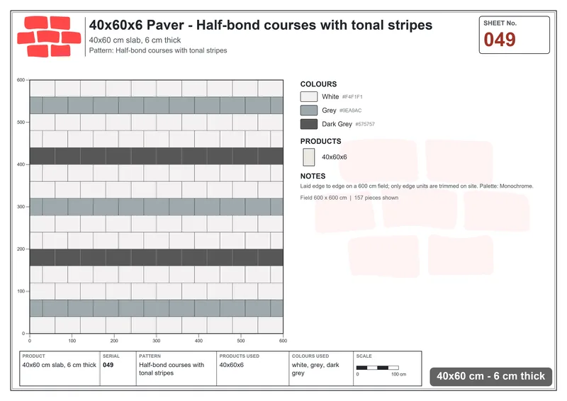 Interlock (Pasco) 40x60 cm · RC46-49 · Half-bond courses with tonal stripes · Laying plan Interlock (Pasco) 40x60 cm · RC46-49 · Half-bond courses with tonal stripes · Laying plan