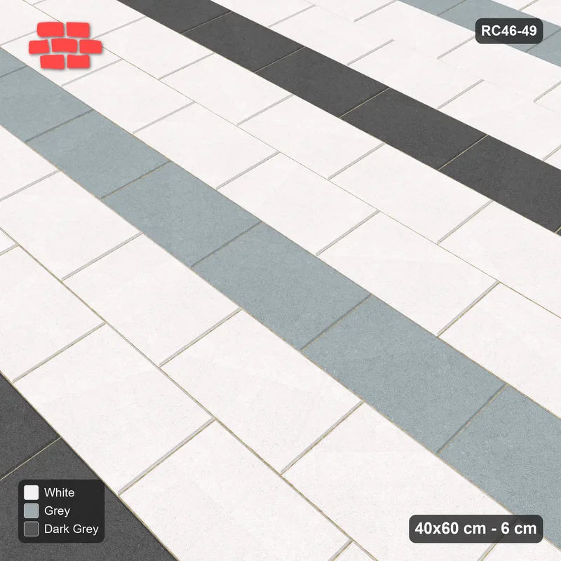 Interlock (Pasco) 40x60 cm · RC46-49 · Half-bond courses with tonal stripes · Side view Interlock (Pasco) 40x60 cm · RC46-49 · Half-bond courses with tonal stripes · Side view