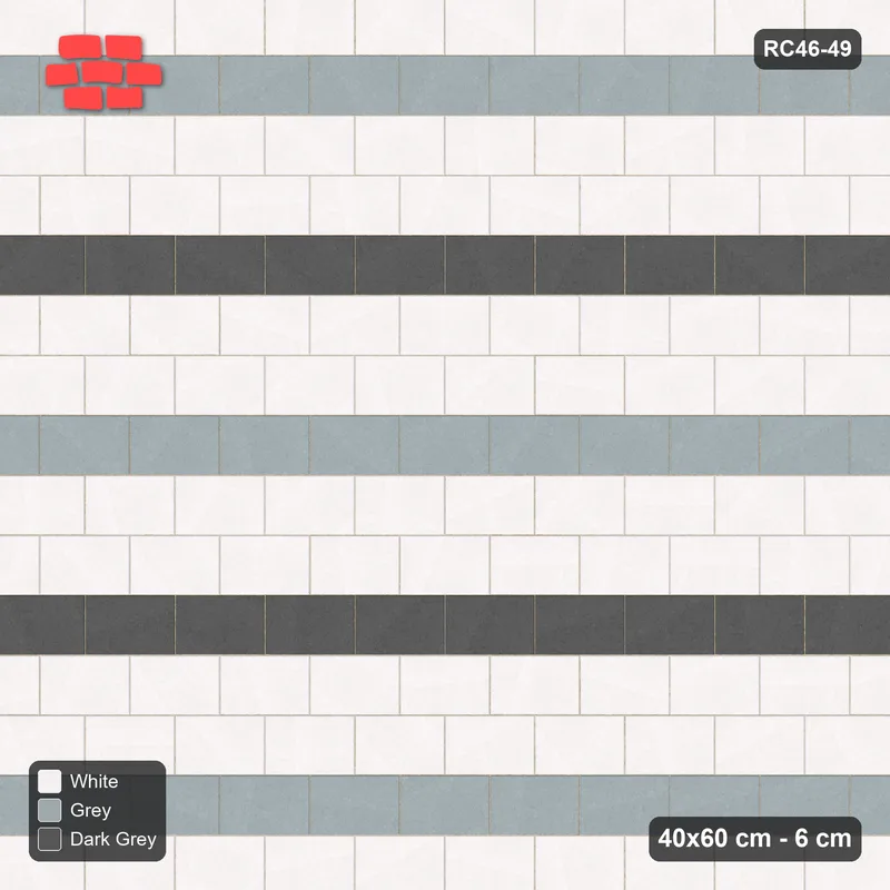 Interlock (Pasco) 40x60 cm · RC46-49 · Half-bond courses with tonal stripes · Top view Interlock (Pasco) 40x60 cm · RC46-49 · Half-bond courses with tonal stripes · Top view