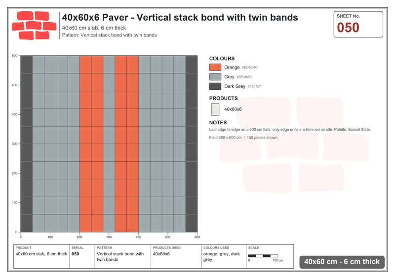 Interlock (Pasco) 40x60 cm · RC46-50 · Vertical stack bond with twin bands · Laying plan Interlock (Pasco) 40x60 cm · RC46-50 · Vertical stack bond with twin bands · Laying plan