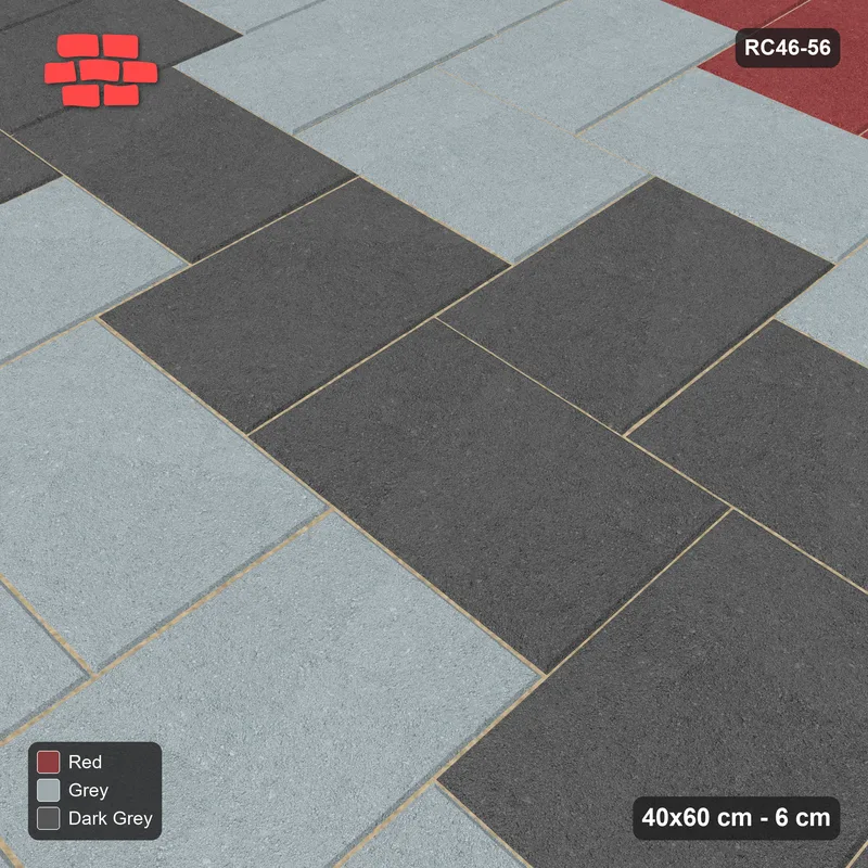 Interlock (Pasco) 40x60 cm · RC46-56 · Stepped Herringbone (3:2), Three-Tone Course Pairs · Side view Interlock (Pasco) 40x60 cm · RC46-56 · Stepped Herringbone (3:2), Three-Tone Course Pairs · Side view