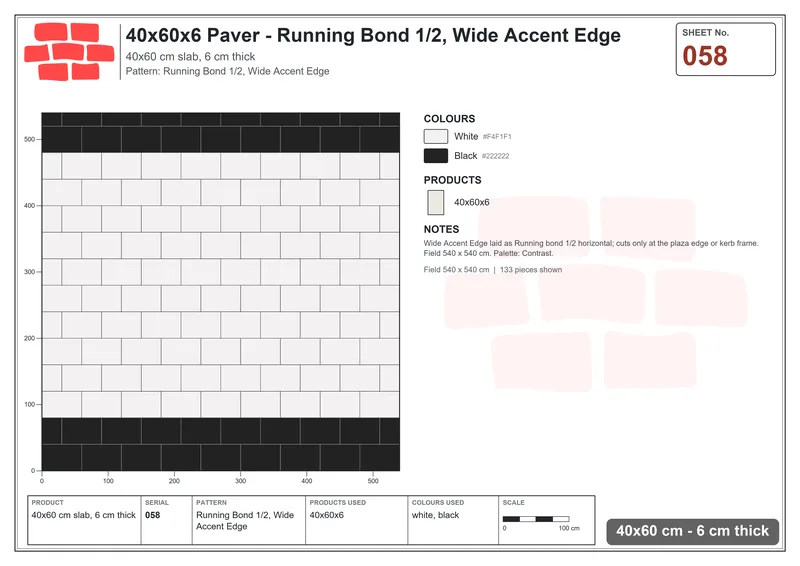 Interlock (Pasco) 40x60 cm · RC46-58 · Running Bond 1/2, Wide Accent Edge · Laying plan Interlock (Pasco) 40x60 cm · RC46-58 · Running Bond 1/2, Wide Accent Edge · Laying plan