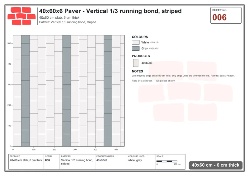 Interlock (Pasco) 40x60 cm · RC46-6 · Vertical 1/3 running bond, striped · Laying plan Interlock (Pasco) 40x60 cm · RC46-6 · Vertical 1/3 running bond, striped · Laying plan