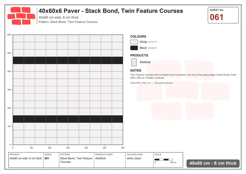 Interlock (Pasco) 40x60 cm · RC46-61 · Stack Bond, Twin Feature Courses · Laying plan Interlock (Pasco) 40x60 cm · RC46-61 · Stack Bond, Twin Feature Courses · Laying plan