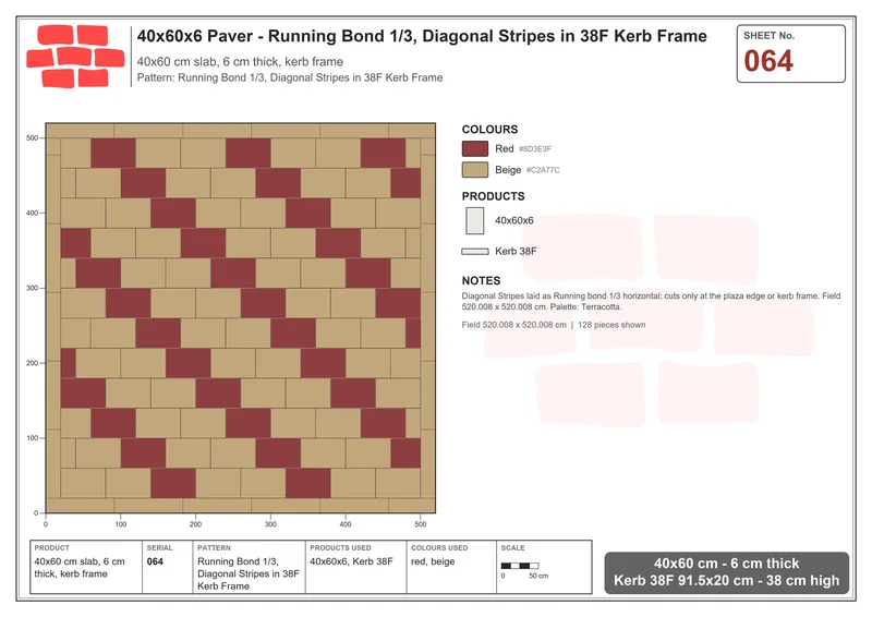 Interlock (Pasco) 40x60 cm · RC46-64 · Running Bond 1/3, Diagonal Stripes in 38F Kerb Frame · Laying plan Interlock (Pasco) 40x60 cm · RC46-64 · Running Bond 1/3, Diagonal Stripes in 38F Kerb Frame · Laying plan