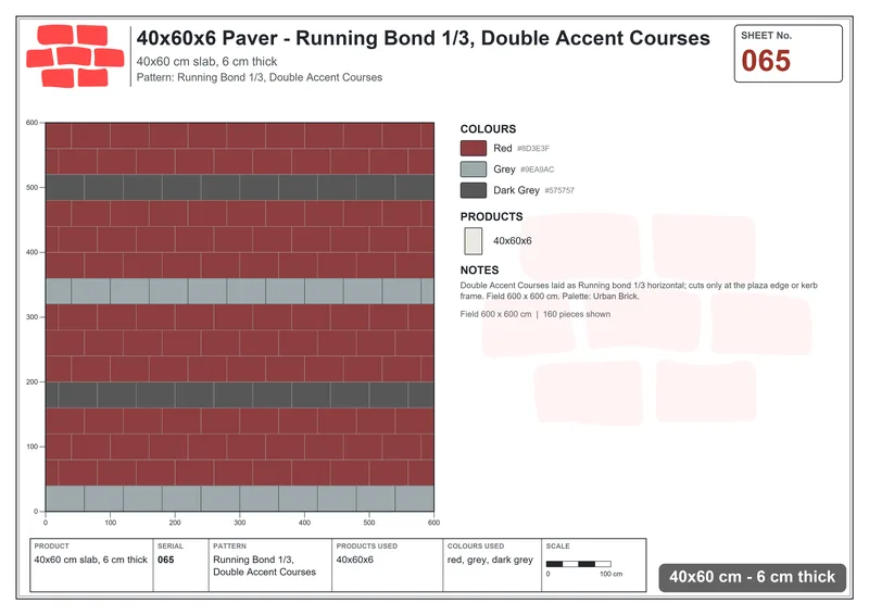 Interlock (Pasco) 40x60 cm · RC46-65 · Running Bond 1/3, Double Accent Courses · Laying plan Interlock (Pasco) 40x60 cm · RC46-65 · Running Bond 1/3, Double Accent Courses · Laying plan