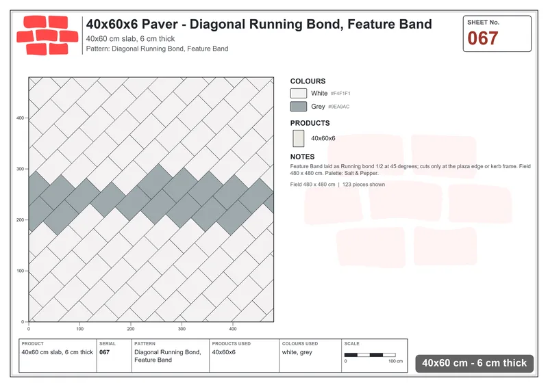 Interlock (Pasco) 40x60 cm · RC46-67 · Diagonal Running Bond, Feature Band · Laying plan Interlock (Pasco) 40x60 cm · RC46-67 · Diagonal Running Bond, Feature Band · Laying plan