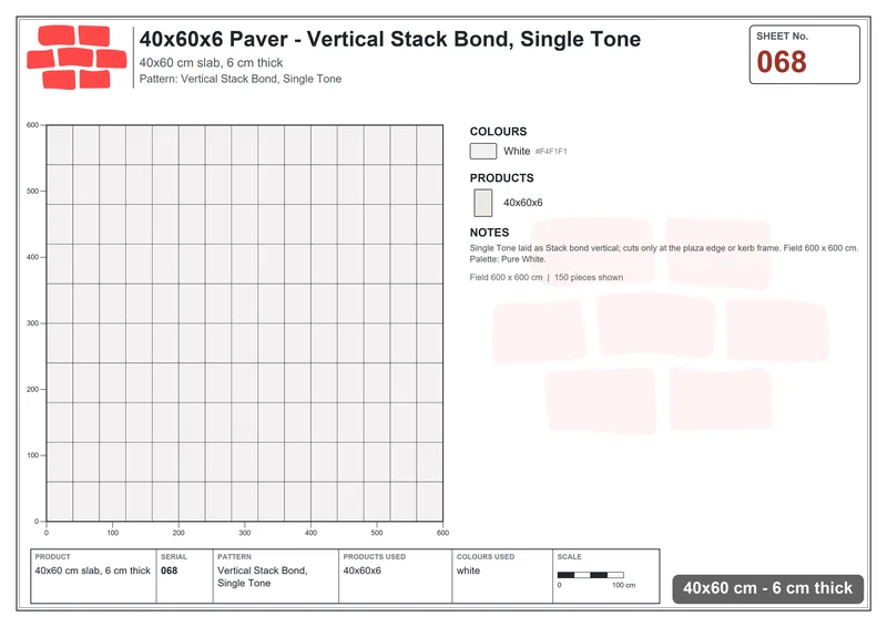 Interlock (Pasco) 40x60 cm · RC46-68 · Vertical Stack Bond, Single Tone · Laying plan Interlock (Pasco) 40x60 cm · RC46-68 · Vertical Stack Bond, Single Tone · Laying plan