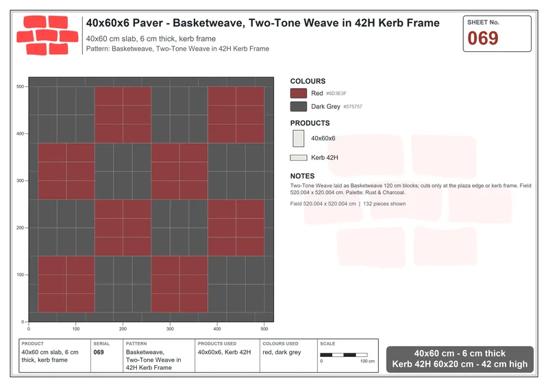 Interlock (Pasco) 40x60 cm · RC46-69 · Basketweave, Two-Tone Weave in 42H Kerb Frame · Laying plan Interlock (Pasco) 40x60 cm · RC46-69 · Basketweave, Two-Tone Weave in 42H Kerb Frame · Laying plan