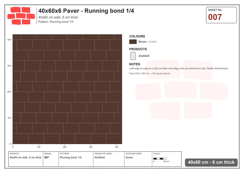 Interlock (Pasco) 40x60 cm · RC46-7 · Running bond 1/4 · Laying plan Interlock (Pasco) 40x60 cm · RC46-7 · Running bond 1/4 · Laying plan