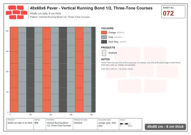 Interlock (Pasco) 40x60 cm · RC46-72 · Vertical Running Bond 1/2, Three-Tone Courses · Laying plan Interlock (Pasco) 40x60 cm · RC46-72 · Vertical Running Bond 1/2, Three-Tone Courses · Laying plan