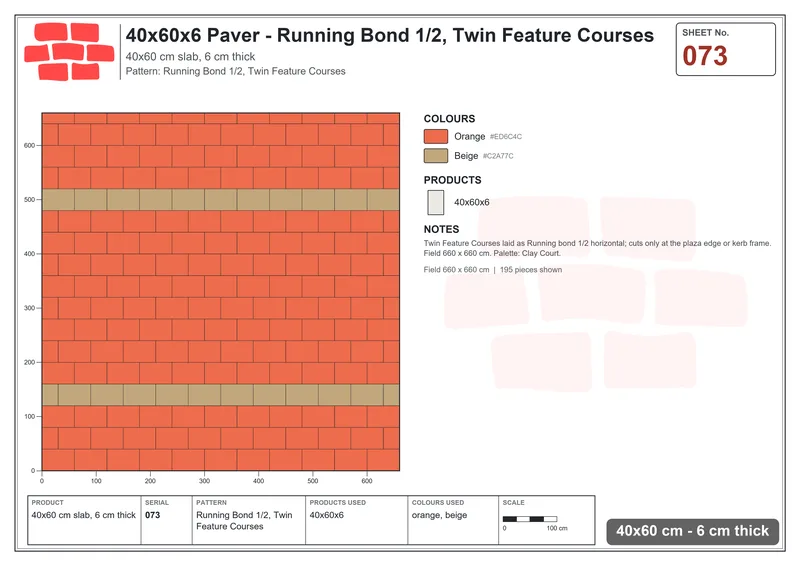 Interlock (Pasco) 40x60 cm · RC46-73 · Running Bond 1/2, Twin Feature Courses · Laying plan Interlock (Pasco) 40x60 cm · RC46-73 · Running Bond 1/2, Twin Feature Courses · Laying plan