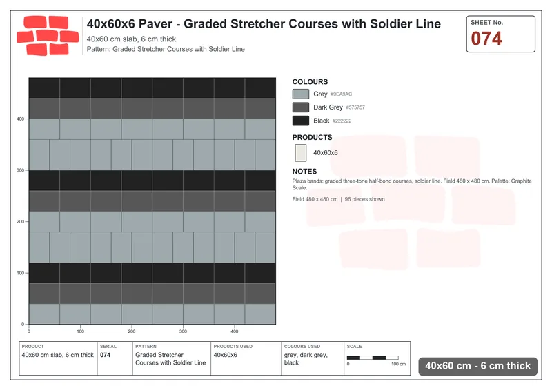 Interlock (Pasco) 40x60 cm · RC46-74 · Graded Stretcher Courses with Soldier Line · Laying plan Interlock (Pasco) 40x60 cm · RC46-74 · Graded Stretcher Courses with Soldier Line · Laying plan