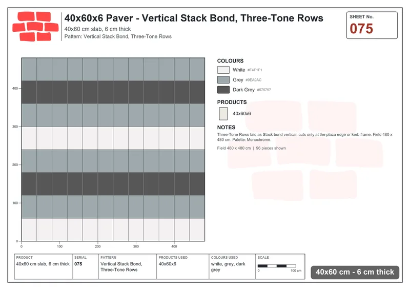 Interlock (Pasco) 40x60 cm · RC46-75 · Vertical Stack Bond, Three-Tone Rows · Laying plan Interlock (Pasco) 40x60 cm · RC46-75 · Vertical Stack Bond, Three-Tone Rows · Laying plan