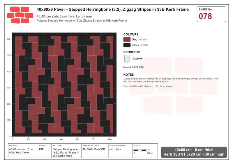 Interlock (Pasco) 40x60 cm · RC46-78 · Stepped Herringbone (3:2), Zigzag Stripes in 38B Kerb Frame · Laying plan Interlock (Pasco) 40x60 cm · RC46-78 · Stepped Herringbone (3:2), Zigzag Stripes in 38B Kerb Frame · Laying plan