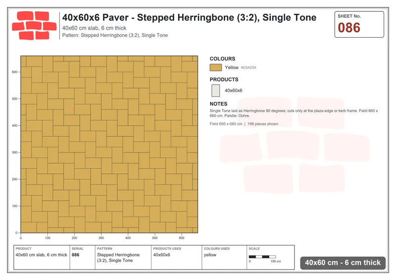 Interlock (Pasco) 40x60 cm · RC46-86 · Stepped Herringbone (3:2), Single Tone · Laying plan Interlock (Pasco) 40x60 cm · RC46-86 · Stepped Herringbone (3:2), Single Tone · Laying plan