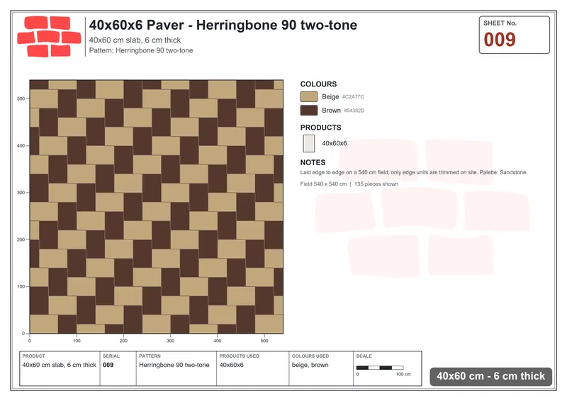 Interlock (Pasco) 40x60 cm · RC46-9 · Herringbone 90 two-tone · Laying plan Interlock (Pasco) 40x60 cm · RC46-9 · Herringbone 90 two-tone · Laying plan