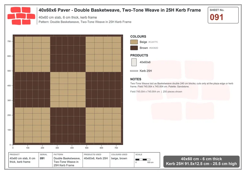 Interlock (Pasco) 40x60 cm · RC46-91 · Double Basketweave, Two-Tone Weave in 25H Kerb Frame · Laying plan Interlock (Pasco) 40x60 cm · RC46-91 · Double Basketweave, Two-Tone Weave in 25H Kerb Frame · Laying plan