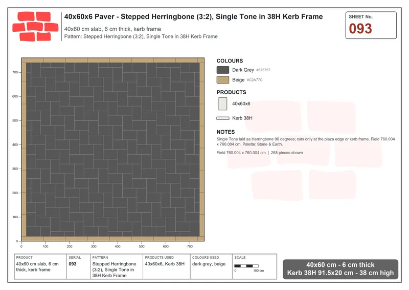Interlock (Pasco) 40x60 cm · RC46-93 · Stepped Herringbone (3:2), Single Tone in 38H Kerb Frame · Laying plan Interlock (Pasco) 40x60 cm · RC46-93 · Stepped Herringbone (3:2), Single Tone in 38H Kerb Frame · Laying plan