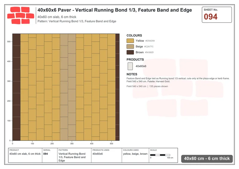 Interlock (Pasco) 40x60 cm · RC46-94 · Vertical Running Bond 1/3, Feature Band and Edge · Laying plan Interlock (Pasco) 40x60 cm · RC46-94 · Vertical Running Bond 1/3, Feature Band and Edge · Laying plan