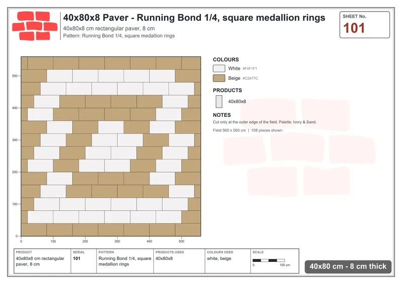 Interlock (Pasco) 40x80 cm · RC48-101 · Running Bond 1/4, square medallion rings · Laying plan Interlock (Pasco) 40x80 cm · RC48-101 · Running Bond 1/4, square medallion rings · Laying plan