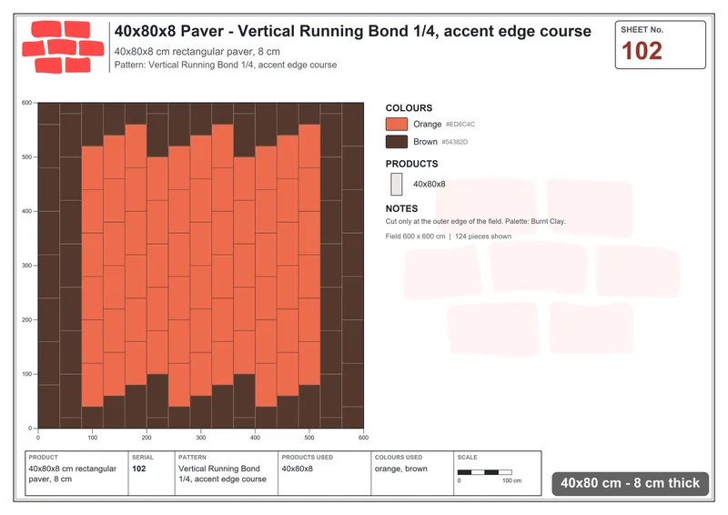 Interlock (Pasco) 40x80 cm · RC48-102 · Vertical Running Bond 1/4, accent edge course · Laying plan Interlock (Pasco) 40x80 cm · RC48-102 · Vertical Running Bond 1/4, accent edge course · Laying plan