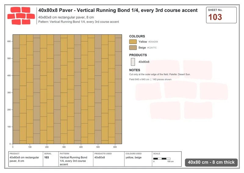 Interlock (Pasco) 40x80 cm · RC48-103 · Vertical Running Bond 1/4, every 3rd course accent · Laying plan Interlock (Pasco) 40x80 cm · RC48-103 · Vertical Running Bond 1/4, every 3rd course accent · Laying plan