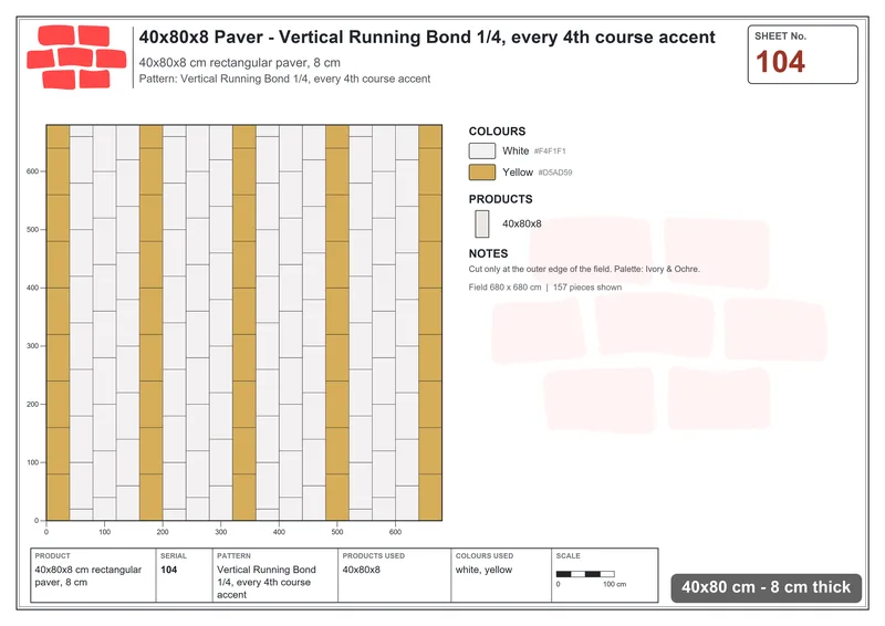 Interlock (Pasco) 40x80 cm · RC48-104 · Vertical Running Bond 1/4, every 4th course accent · Laying plan Interlock (Pasco) 40x80 cm · RC48-104 · Vertical Running Bond 1/4, every 4th course accent · Laying plan
