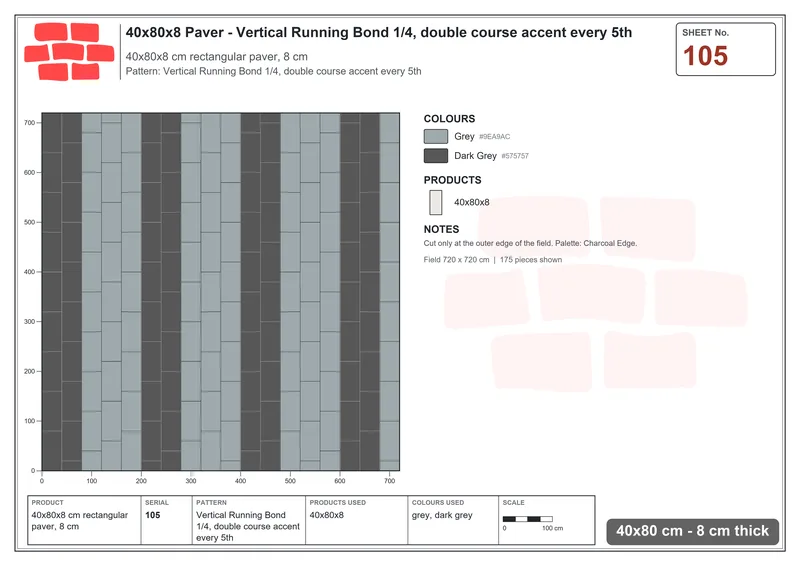 Interlock (Pasco) 40x80 cm · RC48-105 · Vertical Running Bond 1/4, double course accent every 5th · Laying plan Interlock (Pasco) 40x80 cm · RC48-105 · Vertical Running Bond 1/4, double course accent every 5th · Laying plan