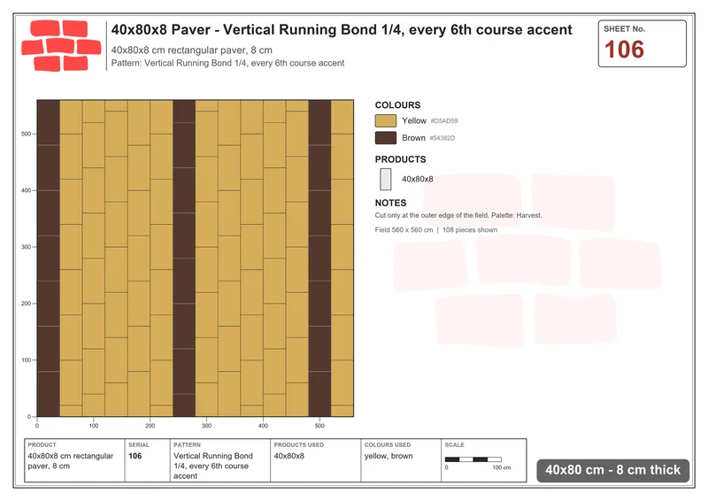 Interlock (Pasco) 40x80 cm · RC48-106 · Vertical Running Bond 1/4, every 6th course accent · Laying plan Interlock (Pasco) 40x80 cm · RC48-106 · Vertical Running Bond 1/4, every 6th course accent · Laying plan