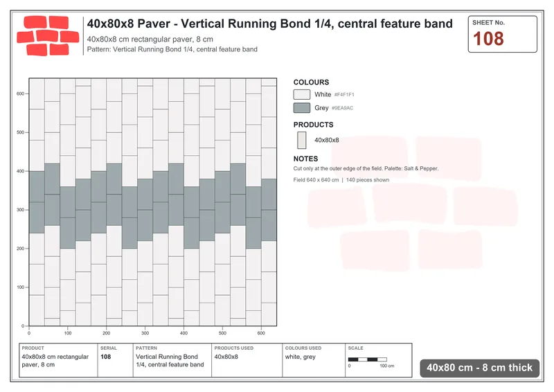 Interlock (Pasco) 40x80 cm · RC48-108 · Vertical Running Bond 1/4, central feature band · Laying plan Interlock (Pasco) 40x80 cm · RC48-108 · Vertical Running Bond 1/4, central feature band · Laying plan