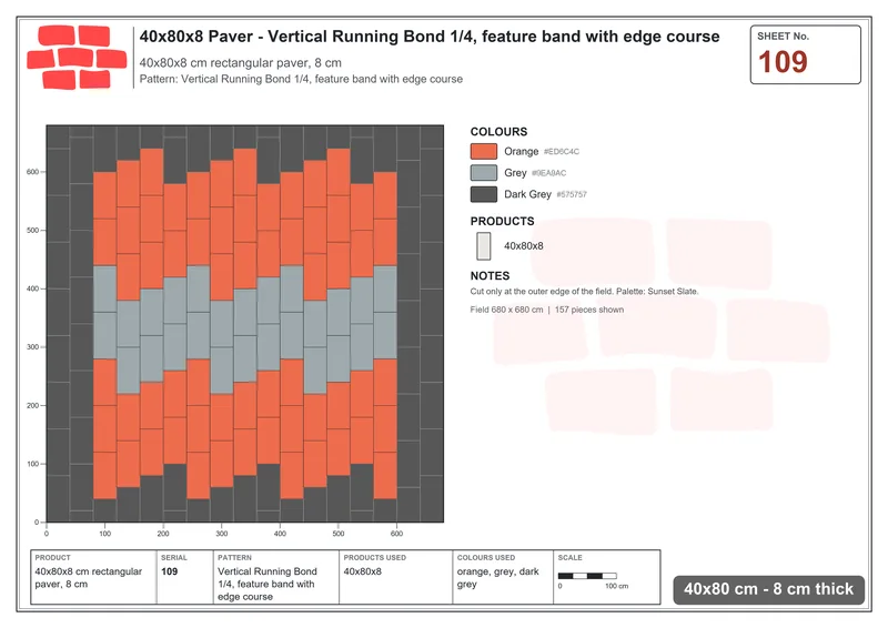 Interlock (Pasco) 40x80 cm · RC48-109 · Vertical Running Bond 1/4, feature band with edge course · Laying plan Interlock (Pasco) 40x80 cm · RC48-109 · Vertical Running Bond 1/4, feature band with edge course · Laying plan