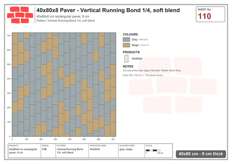 Interlock (Pasco) 40x80 cm · RC48-110 · Vertical Running Bond 1/4, soft blend · Laying plan Interlock (Pasco) 40x80 cm · RC48-110 · Vertical Running Bond 1/4, soft blend · Laying plan