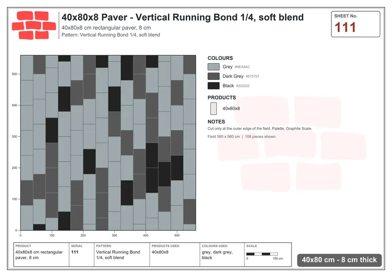 Interlock (Pasco) 40x80 cm · RC48-111 · Vertical Running Bond 1/4, soft blend · Laying plan Interlock (Pasco) 40x80 cm · RC48-111 · Vertical Running Bond 1/4, soft blend · Laying plan