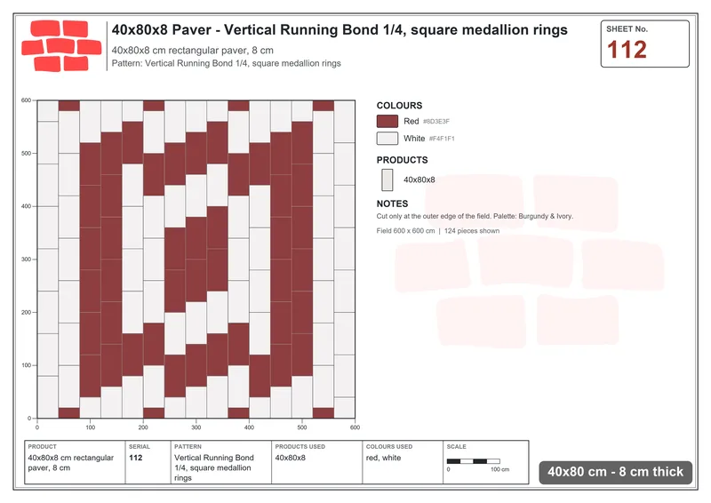 Interlock (Pasco) 40x80 cm · RC48-112 · Vertical Running Bond 1/4, square medallion rings · Laying plan Interlock (Pasco) 40x80 cm · RC48-112 · Vertical Running Bond 1/4, square medallion rings · Laying plan