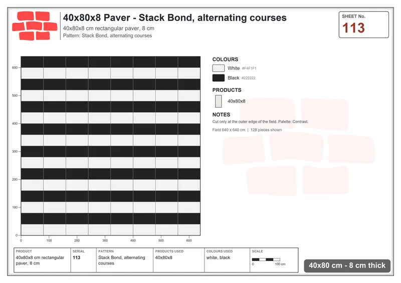 Interlock (Pasco) 40x80 cm · RC48-113 · Stack Bond, alternating courses · Laying plan Interlock (Pasco) 40x80 cm · RC48-113 · Stack Bond, alternating courses · Laying plan