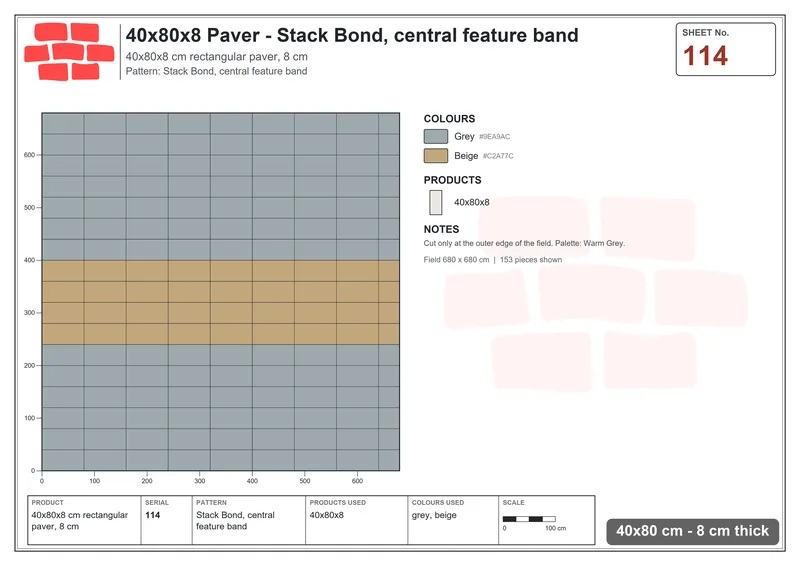 Interlock (Pasco) 40x80 cm · RC48-114 · Stack Bond, central feature band · Laying plan Interlock (Pasco) 40x80 cm · RC48-114 · Stack Bond, central feature band · Laying plan